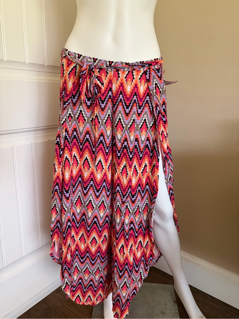 Vintage Y2K Pink Orange Chevron Boho Maxi Skirt Swimsuit Cover Up